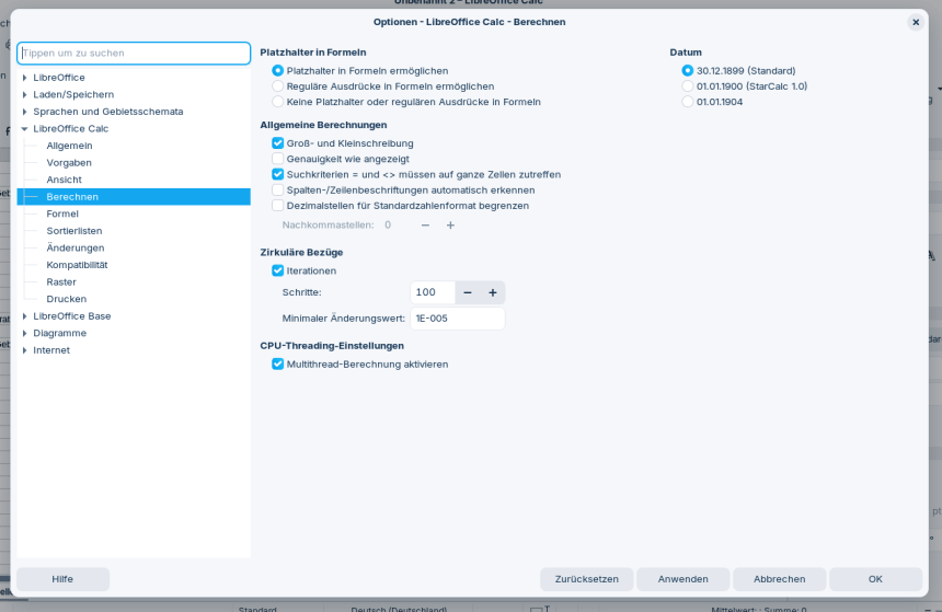 Optionseinstellungen bei LibreOffice Calc