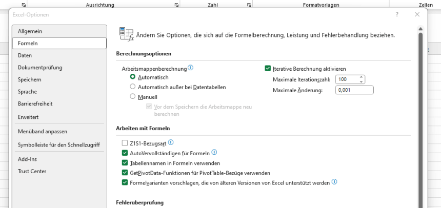 Optionseinstellungen für iterative Berechnungen bei Microsoft Excel